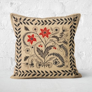 Beige Floral Woodland Cushion, Beige Folk Art Floral Pillow Cover, Ideal Housewarming Gift, Unique Decor, Case Only