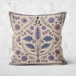 Folk Art Floral Pillow, Lavender Summer Woodland Cushion, Nordic Folk Art Decor, Serene Decor Element, Housewarming Gift, Case Only