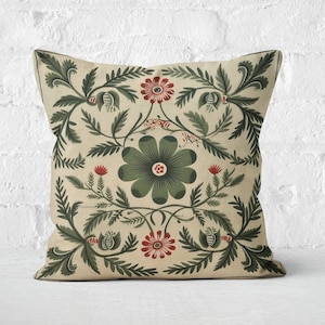 Floral Folk Art Pillow Cover in Sage Green, Summer Woodland Cushion, Unique Housewarming Gift, Nordic Home Decor, Case Only