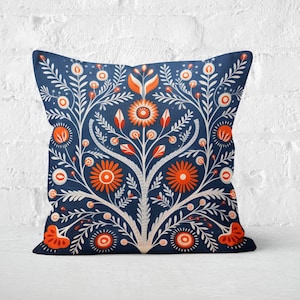 Orange and Grey Floral Pillow Case, Blue Folk Art Cushion Cover, Unique Woodland Home Decor, Perfect Housewarming Gift, Case Only