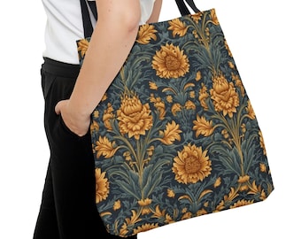 Bolso de mano azul marino y caléndula, floral inspirado en William Morris, compras elegantes, bolso de fin de semana elegante