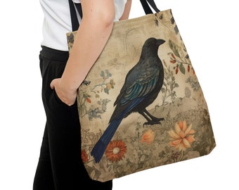 Wise Crow & Flowers Tote Bag, Beach Bag, Gift for Her, Arts Crafts Tote, Weekend Bag, Shopping Tote, Botanical Beauty, Majestic Bird, Nature