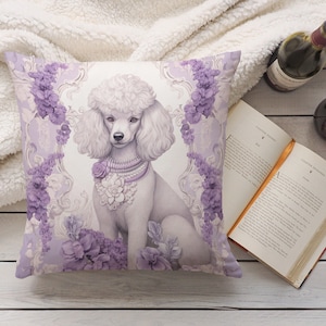 Pudel-Kissen, rosa lila Blumendekor, Geschenk für Pudel-Liebhaber, französischer Hunde-Themenkissen, einzigartiger Pudel-Liebhaber vorhanden, nur Fall