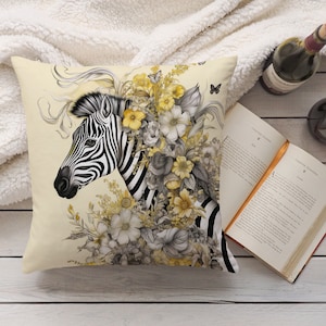 Whimsical Zebra Pillow, Yellow and White Floral, Light Yellow Background, Unique Wildlife Decor, Gift for Animal Enthusiasts, Case Only