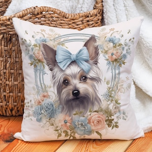 Yorkshire Terrier Pillow, Blue and Pink Floral Design, Perfect Gift for Yorkie Lovers, Vibrant Home Decor Accent, Unique Charm, Case Only
