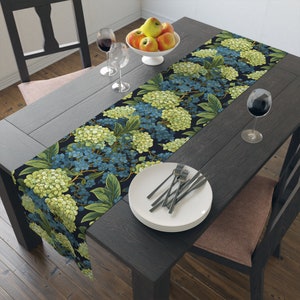 Blue Hydrangeas Floral Table Runner, Olive Green Background, Charming Flower Decor, Perfect Gift For Her, 72" or 90"