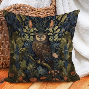 Wise Owl Pillow Twilight Sentry Enchanted William Morris Forest, Rustic Arts & Crafts, Navy Taupe Coral, #YCC0674, Insert Included