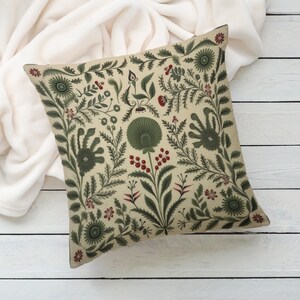 Summer Woodland Pillow in Sage Green, Floral Folk Art Pillow Cover, Ideal Housewarming Gift, Decorative Green Nordic Accent, Case Only image 6