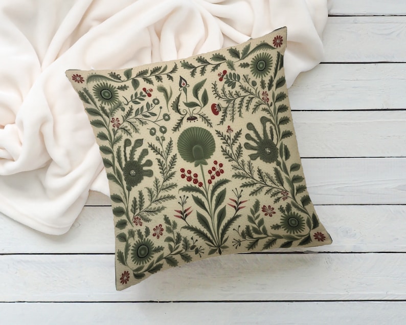 Summer Woodland Pillow in Sage Green, Floral Folk Art Pillow Cover, Ideal Housewarming Gift, Decorative Green Nordic Accent, Case Only image 6