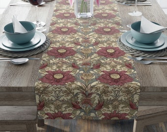 William Morris Style Table Runner, Burgundy Red & Pale Lavender Floral, Sophisticated Dining, 72 or 90 Inches