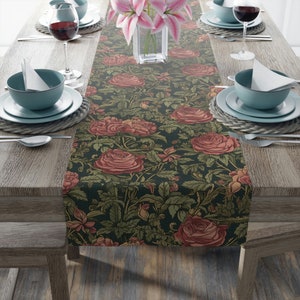 William Morris Style Table Runner, Rose Pink & Forest Green Floral, Magical Dining, 72 or 90 Inches