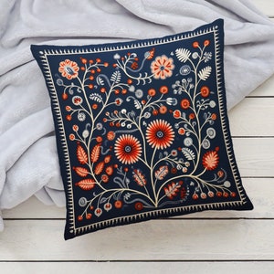 Orange, Grey, and Cream Woodland Pillow Case, Blue Floral Cushion Cover, Unique Home Decor, Perfect Housewarming Gift, Case Only image 4