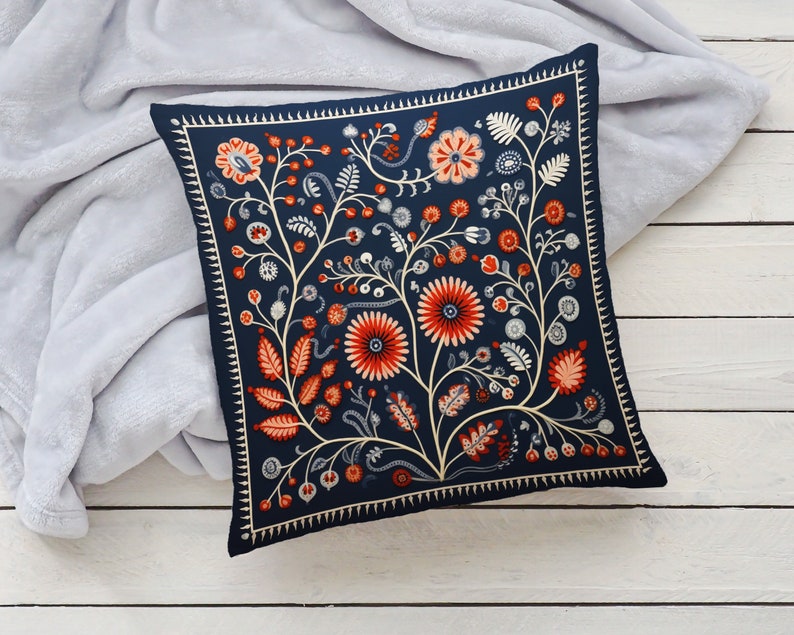 Orange, Grey, and Cream Woodland Pillow Case, Blue Floral Cushion Cover, Unique Home Decor, Perfect Housewarming Gift, Case Only image 4
