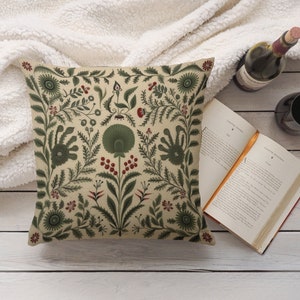 Summer Woodland Pillow in Sage Green, Floral Folk Art Pillow Cover, Ideal Housewarming Gift, Decorative Green Nordic Accent, Case Only image 3