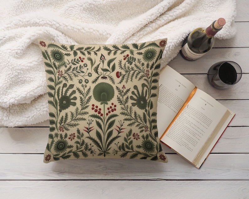 Summer Woodland Pillow in Sage Green, Floral Folk Art Pillow Cover, Ideal Housewarming Gift, Decorative Green Nordic Accent, Case Only image 3