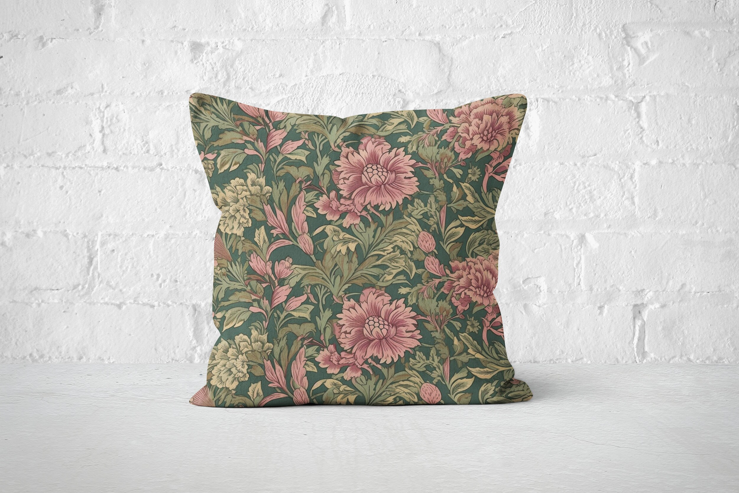 Fern Green & Petal Pink Pillow Case, William Morris Inspired Floral Art, Elegant Cushion Cover, Insert not included