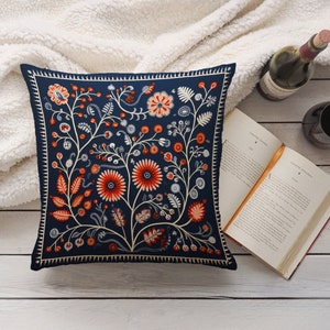 Orange, Grey, and Cream Woodland Pillow Case, Blue Floral Cushion Cover, Unique Home Decor, Perfect Housewarming Gift, Case Only image 3
