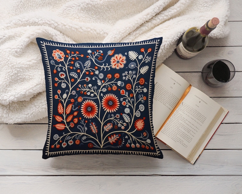 Orange, Grey, and Cream Woodland Pillow Case, Blue Floral Cushion Cover, Unique Home Decor, Perfect Housewarming Gift, Case Only image 3