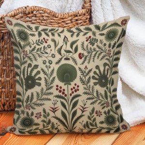Summer Woodland Pillow in Sage Green, Floral Folk Art Pillow Cover, Ideal Housewarming Gift, Decorative Green Nordic Accent, Case Only image 2