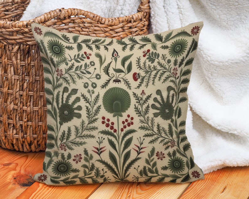 Summer Woodland Pillow in Sage Green, Floral Folk Art Pillow Cover, Ideal Housewarming Gift, Decorative Green Nordic Accent, Case Only image 2