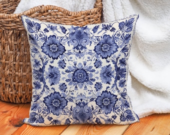 Blue Chintz Pillow Gzhel Folk Art Cushion, Vintage Floral Home Decor, Navy Cream Accent, #YCC0670, Insert Included