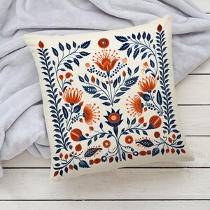 Orange and Blue Woodland Pillow Case, Cream Floral Cushion Cover, Unique Home Decor, Perfect Housewarming Gift, Case Only image 4