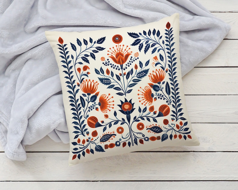 Orange and Blue Woodland Pillow Case, Cream Floral Cushion Cover, Unique Home Decor, Perfect Housewarming Gift, Case Only image 4