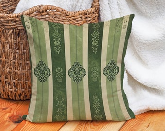 Verdant Majesty Pillow, Cottagecore Damask Stripe in Sage Green and Ivory, Rustic Chic Home Accessory, #YCC0636, Insert Included
