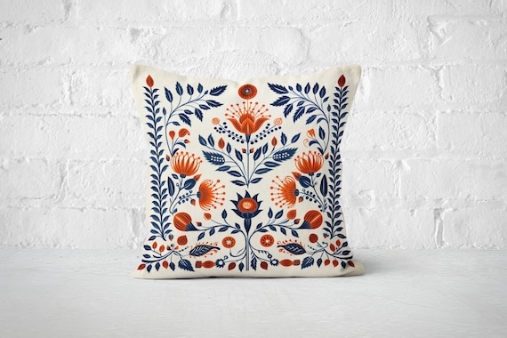 Orange and Blue Woodland Pillow Case, Cream Floral Cushion Cover, Unique Home Decor, Perfect Housewarming Gift, Case Only