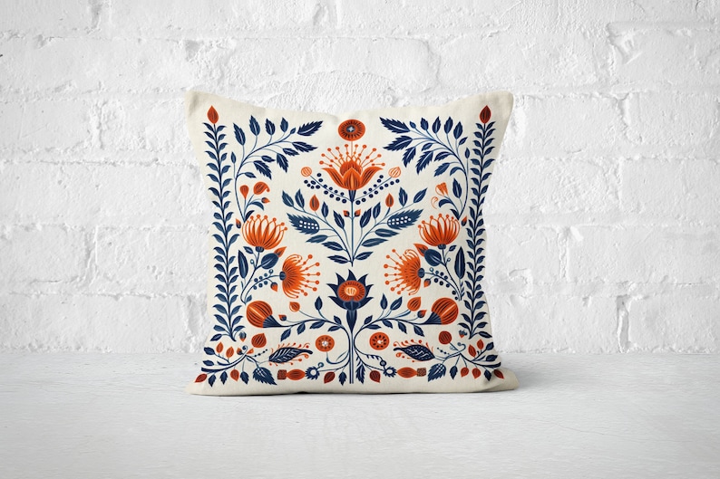 Orange and Blue Woodland Pillow Case, Cream Floral Cushion Cover, Unique Home Decor, Perfect Housewarming Gift, Case Only image 1