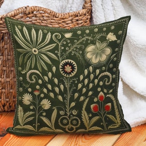 Folk Flora Charm Olive Fern & Crimson Pillow, Vintage Bohemian Eclectic Style, Home Decor Accent, Lover Gift, #YCC0651, Insert Included