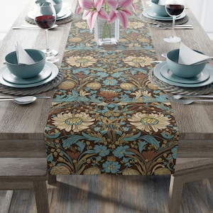 Chocolate & Pale Blue Floral Table Runner, Timeless William Morris Design, Vintage Dining, 72 or 90 Inches