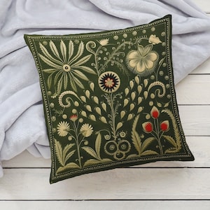 Olive Green Folk Art Pillow, Green Red Floral Summer Woodland Cushion, Unique Housewarming Gift, Nordic Home Decor, Case Only image 4