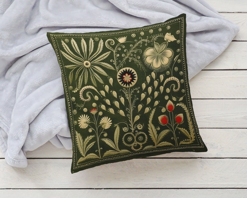 Olive Green Folk Art Pillow, Green Red Floral Summer Woodland Cushion, Unique Housewarming Gift, Nordic Home Decor, Case Only image 4