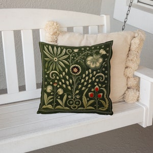 Olive Green Folk Art Pillow, Green Red Floral Summer Woodland Cushion, Unique Housewarming Gift, Nordic Home Decor, Case Only image 5