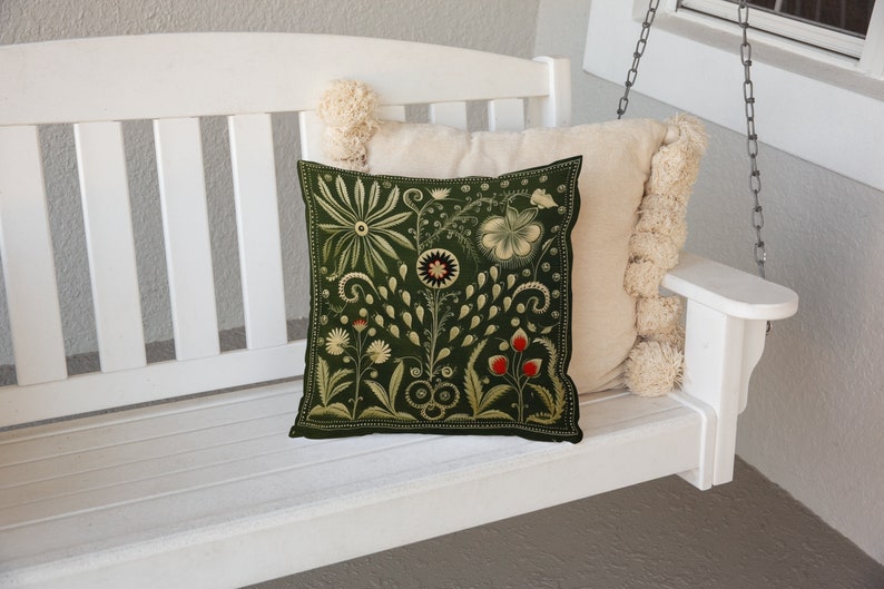 Olive Green Folk Art Pillow, Green Red Floral Summer Woodland Cushion, Unique Housewarming Gift, Nordic Home Decor, Case Only image 5