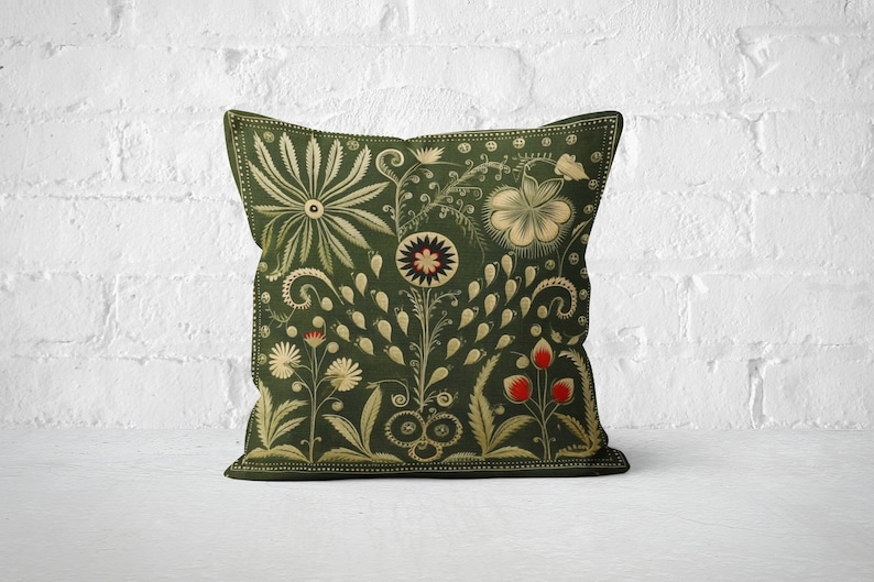 Olive Green Folk Art Pillow, Green Red Floral Summer Woodland Cushion, Unique Housewarming Gift, Nordic Home Decor, Case Only image 1