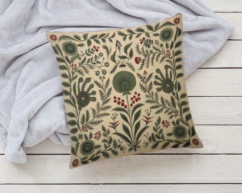 Summer Woodland Pillow in Sage Green, Floral Folk Art Pillow Cover, Ideal Housewarming Gift, Decorative Green Nordic Accent, Case Only image 4