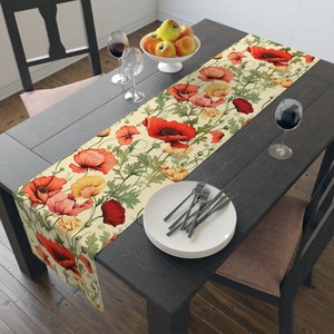 Summer Floral Poppies Table Runner, Whimsical Flowers Decor, Perfect Gift for Her, Red Green and White, 72&quot; or 90&quot;