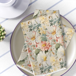 Whimsical Peonies and Daisies Floral Napkins - Set of 4, Perfect Summer Decor, Gift for Her - Green, Pink, and White Flowers, 19" x 19"