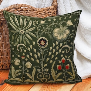 Olive Green Folk Art Pillow, Green Red Floral Summer Woodland Cushion, Unique Housewarming Gift, Nordic Home Decor, Case Only image 2