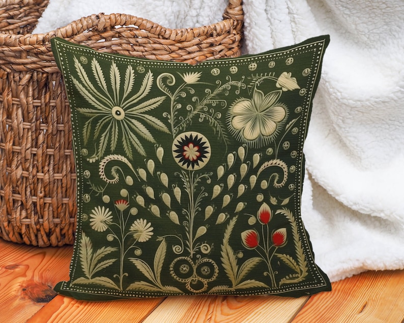 Olive Green Folk Art Pillow, Green Red Floral Summer Woodland Cushion, Unique Housewarming Gift, Nordic Home Decor, Case Only image 2