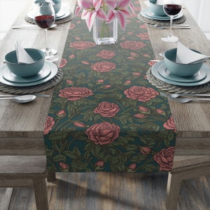 Charming Floral Table Runner, Rose Pink & Forest Green, Vintage William Morris Style, Whimsical Dining, 72 or 90 Inches