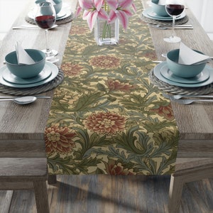 Olive Green & Warm Beige Table Runner, William Morris Inspired Floral, Earthy Dining Decor, 72 or 90 Inches