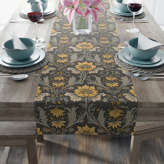 Charcoal Butter Yellow Table Runner Classic William Morris Floral Sophisticated Dining Decor 72 or 90 Inches Etsy UK
