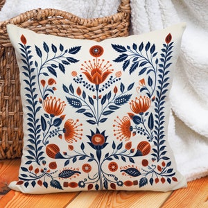 Orange and Blue Woodland Pillow Case, Cream Floral Cushion Cover, Unique Home Decor, Perfect Housewarming Gift, Case Only image 2
