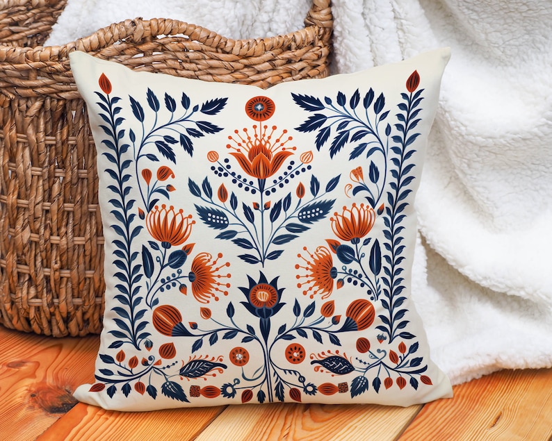 Orange and Blue Woodland Pillow Case, Cream Floral Cushion Cover, Unique Home Decor, Perfect Housewarming Gift, Case Only image 2