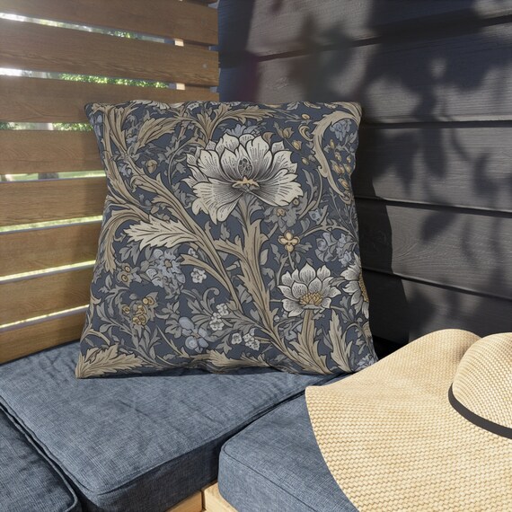 Blue Outdoor Pillow, UV-Resistant - William Morris Patio Cushion, Sapphire Silver Gray Floral | Beach Decor, INSERT INCLUDED