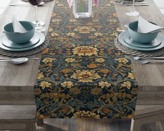 William Morris Inspired Table Runner, Navy & Marigold Floral, Vintage Dining Decor, 72 or 90 Inches