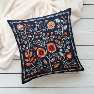 Orange, Grey, and Cream Woodland Pillow Case, Blue Floral Cushion Cover, Unique Home Decor, Perfect Housewarming Gift, Case Only image 6